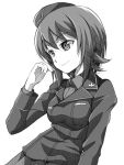  1girl bangs closed_mouth commentary dress_shirt eyebrows_visible_through_hair girls_und_panzer gofu greyscale hat insignia jacket kuromorimine_military_uniform long_sleeves looking_to_the_side military military_uniform monochrome nishizumi_maho shirt short_hair smile solo standing uniform upper_body wing_collar 