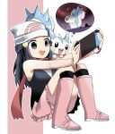  1girl :d beanie blue_hair boots dynamax game_console gen_4_pokemon hair_ornament handheld_game_console hat hikari_(pokemon) holding nintendo nintendo_switch open_mouth pachirisu pink_footwear pokemon pokemon_(creature) pokemon_(game) pokemon_dppt scarf sitting skirt smile thought_bubble winter_clothes wm_(chawoo1357) 