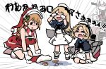  &gt;_&lt; 4girls all_fours alternate_costume bangs black_neckwear blonde_hair blue_sailor_collar brown_eyes brown_hair character_name closed_eyes commentary_request crying dress emphasis_lines eyewear_removed gloves hat janus_(kantai_collection) jervis_(kantai_collection) kantai_collection littorio_(kantai_collection) long_hair machinery multiple_girls off-shoulder_dress off_shoulder parted_bangs ponytail red_dress sailor_collar sailor_dress sailor_hat santa_hat scarf shinkaisei-kan short_hair short_sleeves solid_oval_eyes standing striped striped_scarf tears terrajin wavy_hair white_dress white_gloves white_headwear 