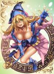  1girl bare_shoulders blonde_hair blush boots breasts choker cleavage commentary_request dark_magician_girl duel_monster fingerless_gloves full_body gloves green_eyes hat highres hikari_(komitiookami) large_breasts long_hair looking_at_viewer open_mouth revision smile solo wizard_hat yuu-gi-ou yuu-gi-ou_duel_monsters 