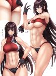  1girl abs armpits ass bangs black_gloves black_hair breasts covered_nipples cowboy_shot expressionless gloves hair_between_eyes hand_on_hip highres hikari_(komitiookami) long_hair looking_at_viewer muscle muscular_female navel original purple_eyes solo sports_bikini stomach stretch thighs track_and_field track_uniform translation_request underboob 