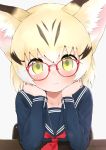  1girl absurdres alternate_costume alternate_eyewear animal_ears blonde_hair blush brown_hair cat_ears cat_girl chair commentary_request deku_suke desk eyebrows_visible_through_hair fang glasses green_eyes hands_on_own_cheeks hands_on_own_face highres kemono_friends long_sleeves looking_at_viewer multicolored_hair navy_blue_shirt neckerchief red_neckwear sailor_collar sand_cat_(kemono_friends) school_chair school_uniform short_hair sitting solo 