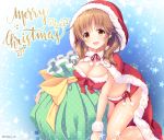  1girl :d bikini breasts brown_hair cape christmas cleavage cursive fur-trimmed_cape fur_trim holding holding_sack hood idolmaster idolmaster_cinderella_girls large_breasts leaning_forward long_hair looking_at_viewer merry_christmas mizukoshi_mayu open_mouth orange_eyes red_bikini ribbon sack santa_bikini santa_costume sidelocks smile snowflakes solo star swimsuit thighs totoki_airi twitter_username yellow_ribbon 