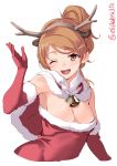  1girl antlers aquila_(kantai_collection) arms_at_sides bell blush breasts brown_eyes cleavage collarbone contemporary dress ebifurya elbow_gloves fur_trim gloves hair_ornament hairclip high_ponytail highres kantai_collection medium_breasts off-shoulder_dress off_shoulder one_eye_closed open_mouth orange_hair red_dress red_gloves reindeer_antlers santa_costume short_hair simple_background smile solo twitter_username wavy_hair white_background 