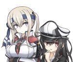  2girls black_hair blazer blonde_hair blue_headband borrowed_garments breasts capelet celtic_knot commentary_request graf_zeppelin_(kantai_collection) grey_eyes hair_between_eyes hat hatsushimo_(kantai_collection) headband headwear_switch height_difference highres iron_cross jacket kantai_collection large_breasts long_hair military military_uniform multiple_girls necktie peaked_cap red_eyes school_uniform sidelocks simple_background tsurime twintails umino_ht uniform upper_body white_background 