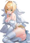  1girl ahoge ass bare_shoulders belt blonde_hair breasts bridal_veil cleavage detached_sleeves eyebrows_visible_through_hair fate/extra fate/extra_ccc fate_(series) garter_belt gloves green_eyes hair_between_eyes highres large_breasts looking_at_viewer nero_claudius_(bride)_(fate) nero_claudius_(fate)_(all) open_mouth padlocked_collar panties short_hair simple_background smile solo thighhighs tukise_33 underwear veil white_background white_gloves white_legwear white_panties 