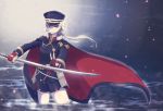  1girl azur_lane bangs cape closed_mouth commentary_request epaulettes falling_petals fingerless_gloves foguba frown gloves hair_between_eyes hat highres holding holding_sword holding_weapon katana long_sleeves looking_at_viewer low_ponytail medium_hair military military_hat military_uniform red_gloves shorts solo standing sword tenryuu_(azur_lane) uniform wading water weapon white_hair yellow_eyes 