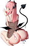  1girl :q amano_don ass bare_shoulders barefoot breasts closed_mouth condom cum demon_girl demon_horns demon_tail eve.ch eve_valerne fellatio_gesture from_behind highres horns long_hair looking_at_viewer looking_back medium_breasts mini_wings pink_eyes pink_hair pointy_ears see-through sidelocks simple_background sitting smile solo succubus sweat tail tongue tongue_out used_condom virtual_youtuber wariza white_background 