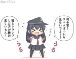  &gt;_&lt; 1girl akatsuki_(kantai_collection) anchor_symbol black_hair black_legwear black_sailor_collar black_skirt card chibi closed_eyes commentary_request full_body goma_(yoku_yatta_hou_jane) hair_between_eyes holding holding_card kantai_collection long_hair neckerchief open_mouth playing_card pleated_skirt red_neckwear sailor_collar school_uniform serafuku simple_background skirt solo standing translated twitter_username wavy_mouth white_background 