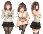  1girl =3 ass_visible_through_thighs bare_arms bare_shoulders black_legwear black_skirt blue_eyes bra breasts brown_hair cleavage clothes_writing collarbone commentary_request crossed_arms double_w frown green_bra green_panties grey_shirt grin hair_ribbon hands_up kureha_(ironika) large_breasts layered_skirt leaning_forward long_sleeves looking_at_viewer looking_away medium_hair miniskirt multiple_views navel one_eye_closed open_mouth original panties pantyhose ribbon shirt skirt sleeveless sleeveless_shirt smile stomach strap_slip thighhighs thighs tsubasa_(kureha) underwear w zettai_ryouiki 
