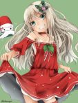  1girl akino_shuu alternate_costume blonde_hair bow collarbone commentary_request dress dress_lift grecale_(kantai_collection) green_background green_eyes grin hair_between_eyes hair_bow hat kantai_collection lifted_by_self long_hair motion_lines pink_bow red_dress santa_hat simple_background smile solo twitter_username 