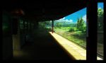  awning bench blue_sky cloud cloudy_sky day door flower fluorescent_lamp highres hosoi_mikio landscape mountain no_humans original outdoors scenery sky station tree window 