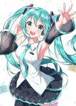  1girl :d aqua_eyes aqua_hair aqua_neckwear arm_up armpits bangs bare_shoulders black_legwear black_skirt black_sleeves blush breasts collared_shirt commentary_request detached_sleeves eyebrows_visible_through_hair hair_between_eyes hair_ornament hand_up hatsune_miku headphones headset highres long_hair long_sleeves medium_breasts open_mouth outstretched_arm pleated_skirt see-through see-through_sleeves shirt skirt sleeveless sleeveless_shirt smile solo sutoroa thighhighs twintails upper_teeth very_long_hair vocaloid white_background white_shirt wide_sleeves 