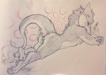  2019 brown_eyes fur grey_body grey_fur hi_res kashmere looking_at_viewer lying male nude on_front sergal solo traditional_media_(artwork) white_body white_fur 
