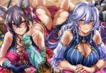  2girls ahoge animal_ears ass bangle bangs bare_shoulders black_hair blue_nails blush bottle bracelet braid breasts cleavage cleavage_cutout closed_mouth collarbone cup detached_sleeves drinking_glass erune gloves gold granblue_fantasy hair_between_eyes hair_ornament hand_on_own_cheek hikari_(komitiookami) ilsa_(granblue_fantasy) jewelry large_breasts long_hair looking_at_viewer lying multiple_girls on_stomach red_eyes revision sidelocks silva_(granblue_fantasy) silver_hair single_glove smile swimsuit twin_braids very_long_hair yellow_eyes 