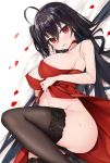  1girl absurdres ahoge azur_lane bangs bare_shoulders black_hair black_legwear blush breasts choker cleavage cocktail_dress dress dress_lift hair_between_eyes highres knee_up large_breasts long_hair looking_at_viewer lying navel no_panties on_back open_mouth parted_lips petals red_choker red_dress red_eyes simple_background smile solo taihou_(azur_lane) thighhighs thighs white_background yayoichi_(yoruyoru108) 