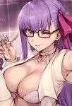  1girl bangs bb_(fate)_(all) bb_(fate/extra_ccc) bb_shot! black-framed_eyewear blush bra breasts choker collarbone dress fate/extra fate/extra_ccc fate/grand_order fate_(series) glasses hair_between_eyes hair_ribbon haoni hat knee_up large_breasts long_hair looking_at_viewer one_eye_closed open_clothes open_dress outstretched_arm parted_lips pink_ribbon purple_eyes purple_hair ribbon self_shot short_sleeves smile syringe thighhighs underwear white_bra white_dress 