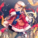  1girl :o abigail_williams_(fate/grand_order) alternate_costume ana_(rznuscrf) animal_bag bag bare_tree black_bow black_skirt blonde_hair blue_eyes blue_scarf blush boots bow brown_sweater commentary_request fate/grand_order fate_(series) forehead fringe_trim fur-trimmed_sleeves fur_trim grey_legwear high_heel_boots high_heels jacket long_sleeves looking_at_viewer open_mouth orange_bow pantyhose polka_dot polka_dot_bow red_jacket scarf shoulder_bag skirt sleeves_past_fingers sleeves_past_wrists solo sparkle standing standing_on_one_leg sweater tilted_headwear tree white_footwear white_headwear 