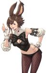  1girl :d animal_ears blue_eyes bow bowtie braid breasts brown_hair bunny_ears bunny_girl bunny_tail bunnysuit cleavage detached_sleeves final_fantasy final_fantasy_xiv fingerless_gloves fishnets gloves highres makimura_shunsuke medium_breasts midriff open_mouth short_hair smile tail viera 