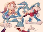  2019 anthro babs_bunny barefoot bow buster_bunny clothing duo female fur gloves green_eyes handwear lagomorph long_ears male mammal open_mouth purple_eyes shira-hedgie signature teeth tiny_toon_adventures warner_brothers 