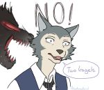  2019 anthro atwotonedbird beastars canid canine canis cheek_tuft clothed clothing dialogue duo english_text facial_tuft fangs fur grey_body grey_fur humor legosi_(beastars) male mammal meme monster necktie sharp_teeth shirt simple_background speech_bubble teeth text topwear tuft white_background wolf 