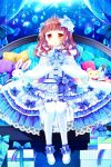  1girl bangs blue_bow blue_flower blue_rose blush book bow box brown_eyes brown_hair capelet center_frills commentary_request curtains dress eyebrows_visible_through_hair flower frilled_dress frills full_body fur-trimmed_capelet fur_trim gift gift_box hair_bow hair_flower hair_ornament higanbana_no_saku_yoru_ni kusunoki_midori long_hair parted_lips pillow rose sakurazawa_izumi shoes sitting solo stuffed_animal stuffed_bunny stuffed_toy teddy_bear thighhighs tiara wavy_hair white_capelet white_dress white_footwear white_legwear 