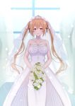  1girl blush bouquet breasts bridal_veil brown_eyes choker cleavage closed_mouth collarbone dress flower indoors kantai_collection large_breasts light_brown_hair long_hair looking_at_viewer murasame_(kantai_collection) senbei_(senbe_i) smile solo strapless strapless_dress tiara twintails veil wedding_dress white_dress 