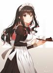  1girl alternate_costume apron black_dress black_hair cake commentary_request cowboy_shot cup dress enmaided food frilled_apron frills gradient gradient_background grey_background hiiragi_souren kantai_collection long_hair looking_at_viewer maid maid_headdress multicolored_hair naganami_(kantai_collection) pink_hair smile solo tray two-tone_hair wavy_hair white_apron yellow_eyes 