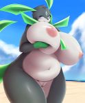  2019 anthro areola beach belly big_breasts blush breasts curvaceous curvy_figure deep_navel digital_media_(artwork) eeveelution fak&eacute;mon female front_view holding_breast huge_breasts looking_at_viewer mleonheart navel nintendo nipples nucleon nude outside overweight overweight_female pok&eacute;mon pok&eacute;mon_(species) pok&eacute;mon_uranium pok&eacute;morph pussy seaside smile solo standing thick_thighs video_games voluptuous wide_hips 