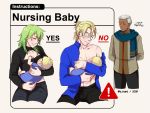  1girl 3boys abs arms_behind_back baby black_pants blonde_hair blue_shirt blush breast_feeding breasts byleth_(fire_emblem) byleth_(fire_emblem)_(female) carrying cleavage cleavage_cutout closed_eyes collarbone collared_shirt commentary dark_skin dated dedue_molinaro denim dimitri_alexandre_blaiddyd earrings english_commentary english_text eyepatch facial_scar fire_emblem fire_emblem:_three_houses green_hair grey_background if_they_mated jeans jewelry long_sleeves medium_breasts medium_hair midriff multiple_boys off_shoulder open_clothes open_shirt pants scar scarf shirt short_hair sign silver_hair simple_background sitting smile twitter_username warning_sign z_hard 