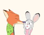  2017 4_fingers anthro blush buckteeth canid canine clothing dipstick_ears disney duo eyes_closed fingers fox fur gokhan16 grey_body grey_fur hi_res judy_hopps kissing_cheek lagomorph leporid looking_aside looking_at_another mammal multicolored_ears necktie nick_wilde open_mouth orange_body orange_fur purple_eyes purple_nose rabbit red_fox shirt simple_background t-shirt teeth topwear white_background zootopia 