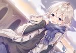  1boy bangs blue_eyes blush braid dutch_angle granblue_fantasy hair_between_eyes long_hair looking_at_viewer male_focus noa_(granblue_fantasy) omuretsu open_mouth pale_skin scarf silver_hair single_braid smile solo sweater 