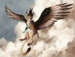  2017 ambiguous_gender avian brown_body brown_feathers brown_fur claws day detailed_background digital_media_(artwork) feathered_wings feathers feral flying fur gryphon kanizo outside paws sky solo striped_body striped_fur stripes wings 