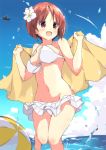  1girl bangs bikini bikini_skirt blue_sky blurry blurry_foreground breasts brown_eyes brown_hair cloud cloudy_sky commentary condensation_trail day depth_of_field droplet eyebrows_visible_through_hair flower front-tie_bikini front-tie_top girls_und_panzer groin hair_flower hair_ornament holding holding_towel looking_to_the_side medium_breasts navel nishizumi_miho ocean open_mouth outdoors short_hair skirt sky smile solo sparkle standing standing_on_one_leg swimsuit tom_q_(tomtoq) towel vehicle_request wading white_bikini white_flower white_skirt 