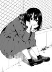  1girl arm_support bangs blazer chain-link_fence closed_mouth fence greyscale hair_between_eyes head_in_hand jacket leaning_forward loafers looking_at_viewer mattaku_mousuke monochrome original plaid plaid_scarf pleated_skirt scarf school_uniform shoes sitting skirt socks solo 