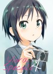  1girl :o aayh bangs black_hair blue_background blue_jacket blush camera collared_shirt commentary_request cover cover_page green_eyes green_ribbon highres holding holding_camera jacket kurosaki_honoka long_sleeves looking_at_viewer parted_lips ribbon shirt short_hair solo translation_request upper_body white_shirt yama_no_susume 