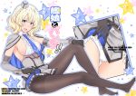  1girl black_gloves black_legwear blonde_hair blue_eyes breasts colorado_(kantai_collection) gloves highres kantai_collection legs nuko_(phylactery) open_mouth panties pantyhose personification short_hair sideboob sitting thighs underwear 