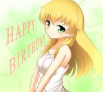  1girl bangs blonde_hair blush carpaccio casual closed_mouth commentary dress english_text eyebrows_visible_through_hair girls_und_panzer green_eyes happy_birthday long_hair looking_at_viewer rebirth42000 sleeveless sleeveless_dress smile solo sundress upper_body white_dress 