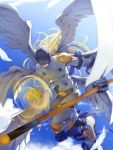  1boy abs angel angel_wings angemon blindfold blonde_hair blue_sky cane clenched_hand cloud collarbone covering_eyes covering_face digimon feathered_wings gloves highres holding holding_stick holding_weapon long_hair male_focus midair midriff multiple_wings muscle rb2 shoes sky solo stick wand weapon white_wings wings 