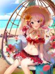  1girl :d arm_up bang_dream! bangs bare_legs bare_shoulders beach belt bikini bikini_skirt blurry_foreground breasts cleavage cloud cloudy_sky commentary detached_sleeves earrings eyebrows_visible_through_hair feet_out_of_frame flower food_themed_hair_ornament frilled_bikini frills front-tie_bikini front-tie_top hair_flower hair_ornament hat hibiscus jewelry light_blush looking_at_viewer maruyama_aya medium_breasts navel o_n_j_i ocean open_mouth outdoors palm_tree petals pillow pink_eyes pink_hair plaid plaid_bikini red_bikini red_flower round_teeth scrunchie sitting sky smile solo stomach straw_hat strawberry_hair_ornament swept_bangs swimsuit teeth tree twintails white_scrunchie yellow_flower 