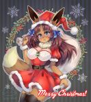  &lt;3 2019 absolute_territory accessory big_breasts blue_bow blue_eyes blush bow_(knot) breasts brown_hair christmas cleavage clothed clothing costume eevee english_text fan_character fangs female fully_clothed glistening glistening_body glistening_breasts glistening_hair glistening_skin hair hair_accessory hair_bow hair_ribbon heart_marking holidays humanoid_hands inner_ear_fluff kemono legwear long_hair naomi★minette neck_tuft nintendo open_mouth pok&eacute;mon pok&eacute;mon_(species) portrait raised_tail ribbons sack santa_costume signature smile snowflake solo standing tekahika text thigh_highs three-quarter_portrait tuft two_side_up video_games wreath 