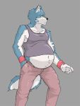  anthro bottomwear canid canine canis clothing hi_res male male_pregnancy mammal pants pregnant shirt solo standing topwear white-ryce wolf wristband 