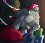  anus backsack balls beard bodily_fluids christmas christmas_tree clothing danure_erso_(himeros) facial_hair genital_fluids gift hat headgear headwear hi_res himerosthegod holidays humanoid male markings muscular not_furry ornaments photo precum precum_string presenting presenting_anus santa_hat solo tree 