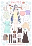  1girl 2019 ahoge alternate_costume artist_name bag beige_sweater blouse blue_dress boots brown_dress brown_skirt character_doll colis commentary_request dress floral_print french_text grey_eyes grey_hair hair_between_eyes hat highres kantai_collection kiyoshimo_(kantai_collection) long_hair looking_at_viewer low_twintails musashi_(kantai_collection) paper_doll pink_blouse plaid plaid_skirt purple_blouse scarf shirt skirt snowflake_background solo sweater_vest twintails twitter_username very_long_hair white_background white_scarf white_shirt white_skirt 