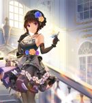  1girl bang_dream! bangs black_choker black_dress black_gloves black_hair black_legwear blue_butterfly blue_flower blunt_bangs blurry_foreground braid breasts butterfly_on_finger butterfly_on_hand choker commentary cowboy_shot dress elbow_gloves floral_print flower frilled_dress frills gloves hair_flower hair_ornament hairband hand_up indoors jewelry large_breasts light_particles light_rays looking_at_viewer necklace o_n_j_i pantyhose purple_eyes purple_flower rose sash shirokane_rinko sidelocks sleeveless sleeveless_dress smile solo stairs white_butterfly window wrist_cuffs yellow_flower 