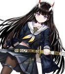  1girl azur_lane bangs black_cardigan black_hair black_serafuku black_shirt black_skirt brown_legwear cardigan collarbone copyright_name dutch_angle ena_tokisaka_(inadumakawaii) eyebrows_visible_through_hair hair_ornament hairclip hand_up holding holding_weapon katana long_hair long_sleeves looking_at_viewer midriff_peek miniskirt neckerchief noshiro_(azur_lane) oni_horns open_cardigan open_clothes pantyhose pleated_skirt purple_eyes sailor_collar school_uniform serafuku sheath sheathed shirt shoes simple_background skirt solo sword thigh_strap upper_body very_long_hair weapon white_background white_sailor_collar 