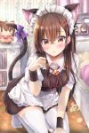 1girl ahoge animal_ear_fluff animal_ears apron black_dress blurry blurry_background blush book bookshelf bow breasts brooch brown_eyes brown_hair cat_ears cat_girl cat_tail character_doll collared_shirt commentary_request depth_of_field dress frilled_apron frills hair_ornament hairclip heart heart_ahoge heart_hair_ornament highres indoors jewelry kneeling long_hair looking_at_viewer maid maid_headdress maruma_(maruma_gic) medium_breasts neck_ribbon no_shoes original parted_lips paw_pose photo_(object) puffy_short_sleeves puffy_sleeves purple_bow red_ribbon ribbon shirt short_sleeves signature sleeveless sleeveless_dress solo sweat tail tail_bow tail_raised thighhighs very_long_hair waist_apron white_apron white_legwear white_shirt wooden_floor wrist_cuffs 