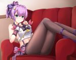  1girl :s anchor aqua_eyes armchair azur_lane bangs bare_shoulders black_bow blush bow braid breasts brown_legwear chair closed_mouth commentary_request crop_top eyebrows_visible_through_hair hair_between_eyes hair_bow hair_ornament hands_up high_ponytail highres indoors javelin_(aspiring_new_idol)_(azur_lane) javelin_(azur_lane) knees_up looking_at_viewer mctom medium_breasts midriff navel nose_blush on_chair panties panties_under_pantyhose pantyhose plaid plaid_bow plaid_skirt ponytail purple_bow purple_footwear purple_hair purple_skirt red_ribbon ribbon shirt shoes sitting skirt sleeveless sleeveless_shirt solo star star_hair_ornament sweat thighband_pantyhose underwear white_shirt wrist_cuffs 