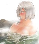  1girl bathing blue_eyes blush breasts cleavage collarbone fingernails from_side grey_hair hair_ornament hairclip hamakaze_(kantai_collection) hand_on_own_chest kantai_collection large_breasts looking_at_viewer nude open_mouth partially_submerged short_hair silver_hair simple_background sketch solo steam toomiriku white_background 