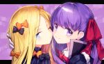  abigail_williams_(fate/grand_order) bangs bb_(fate)_(all) bb_(fate/extra_ccc) bbci black_bow black_coat black_dress blonde_hair blue_eyes blush bow breasts closed_mouth dress fate/extra fate/extra_ccc fate/grand_order fate_(series) forehead gloves hair_ribbon letterboxed long_hair long_sleeves looking_at_viewer multiple_bows neck_ribbon orange_bow parted_bangs polka_dot polka_dot_bow popped_collar purple_background purple_eyes purple_hair red_ribbon ribbed_dress ribbon smile very_long_hair white_gloves 